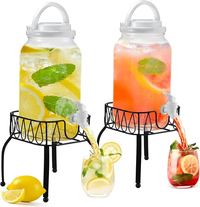 Tanlade 2 Pcs Plastic Drink Dispenser with Stand Beverage Dispenser with Sturdy Metal Base Juice Jar for Parties Lemonade Jar Spigot for Weddings Countertop Water, Each 1 Gallon(White)