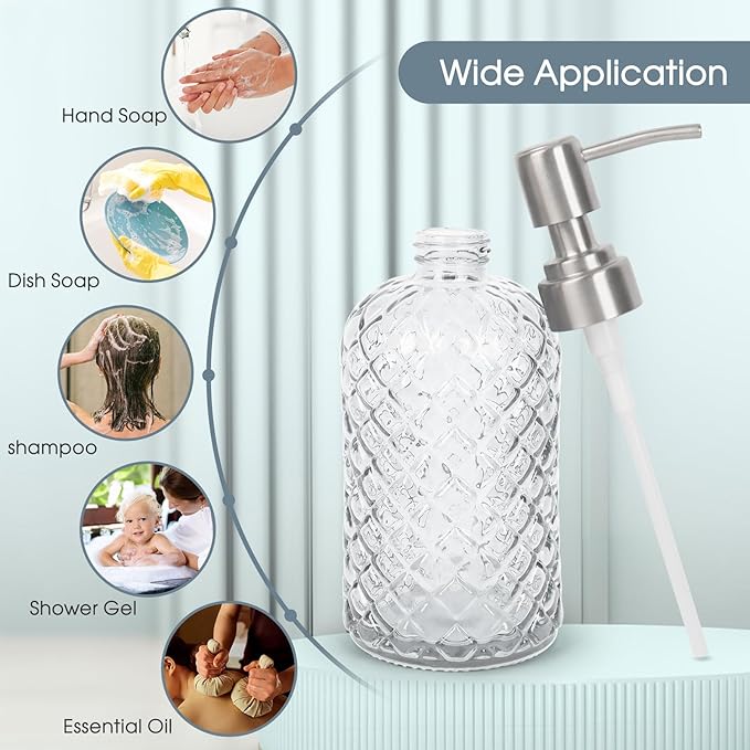Gem-Patterned Glass Soap Dispenser with Rust Proof Stainless Steel Pump-13 oz Liquid Hand Soap Dispenser for Kitchen & Bathroom,Great for Lotions, Essential Oil, Liquid Soaps-Clear - Image 6