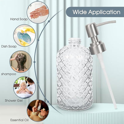 Gem-Patterned Glass Soap Dispenser with Rust Proof Stainless Steel Pump-13 oz Liquid Hand Soap Dispenser for Kitchen & Bathroom,Great for Lotions, Essential Oil, Liquid Soaps-Clear - Image 6