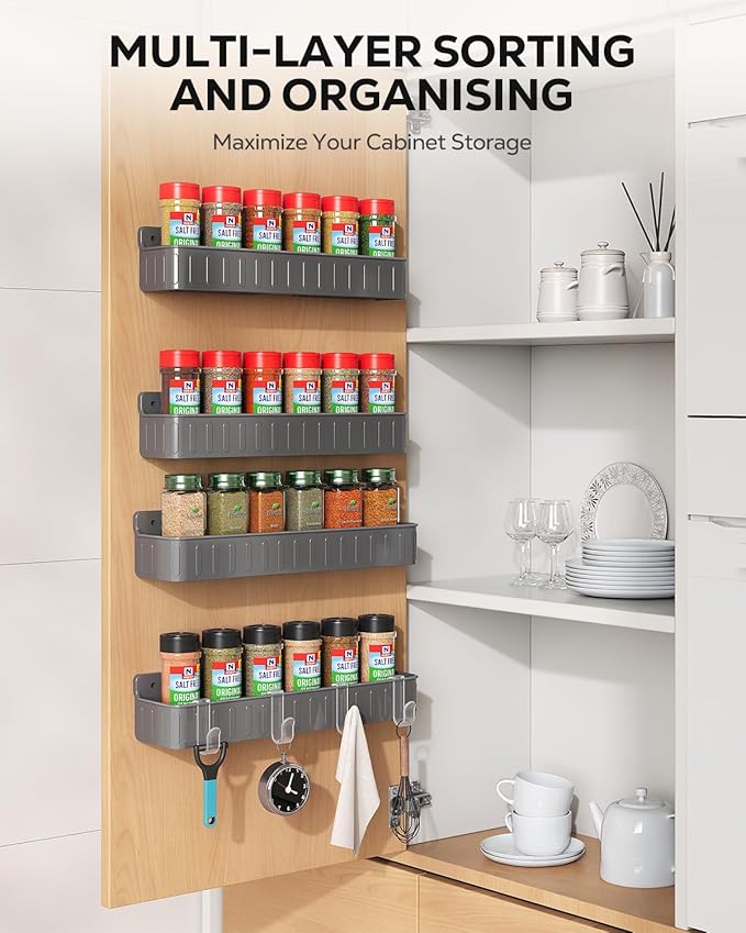 Nieifi Spice Rack Wall Mount, Spice Organizer for Spice Jars, Screw or Adhesive Hanging Organizer for Kitchen Cabinet or Pantry Door, 4 Pack, Grey, ABS Plastic - Image 6
