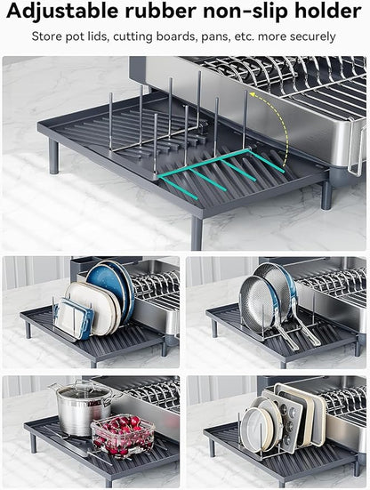 SUNLY Large Dish Drying Rack, Expandable Dish Racks for Kitchen Counter, Space Saving 304 Stainless Steel Drying Rack Kitchen, Extra Large Drainer with Multifunctional Flip Up Pegs, Gray - Image 3