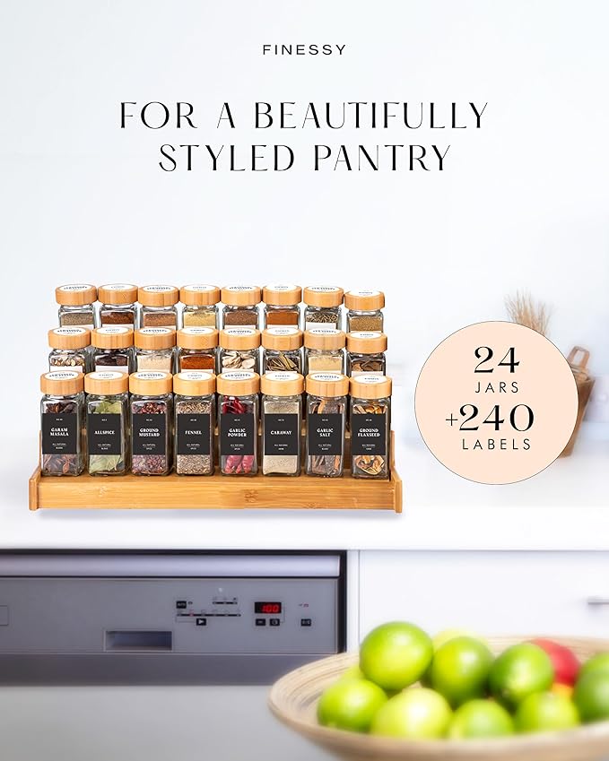 Bamboo Glass Spice Jars with Label and Shaker Lids Clear Empty 4oz 24 Pack Bottles Set, Square Glass Spice Containers with Labels Black, Seasoning Organizer Jars, Seasoning Containers with Labels Set - Image 2
