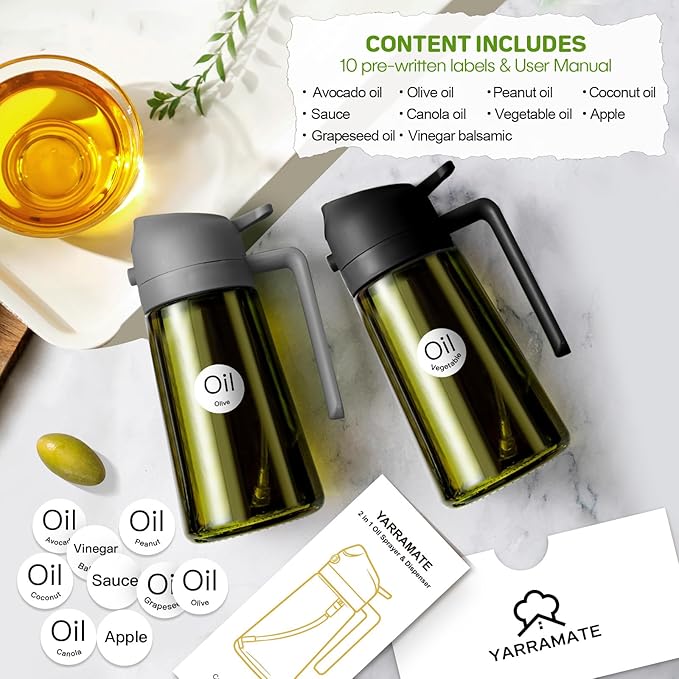 YARRAMATE 16oz/470ml Dark Green Oil Sprayer for Cooking with Stickers, Food-grade Premium 2 in 1 Olive Oil Dispenser Bottle for Kitchen Gadgets, Air Fryer, Salad, Frying, BBQ (Grey) - Image 2