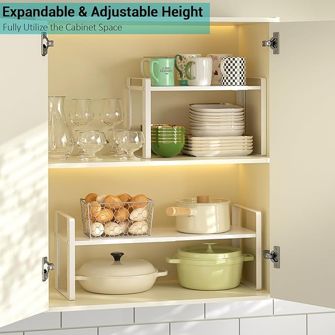 Expandable Cabinet Organizer Shelves, 88lbs High Weight Capacity, Heavy-Duty Metal Storage Rack, Adjustable Cabinet Shelf for Kitchen, Pantry, Cupboard, Under Sink, White, Patent Pending - Image 2