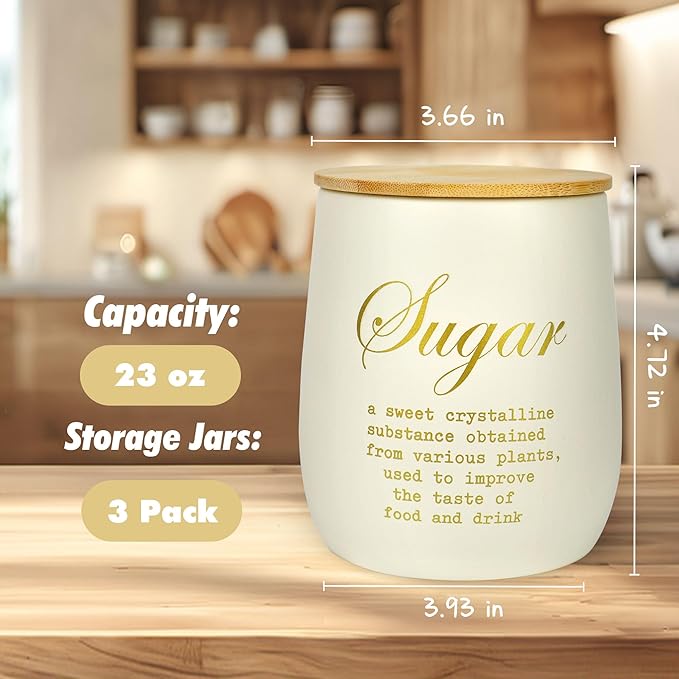 Coffee Tea Sugar Container Set of 3,Farmhouse Storage Containers Jars,Airtight Metal Kitchen Canister Set with Bamboo Lids for Kitchen Counter Dining Room (Metal, 1)