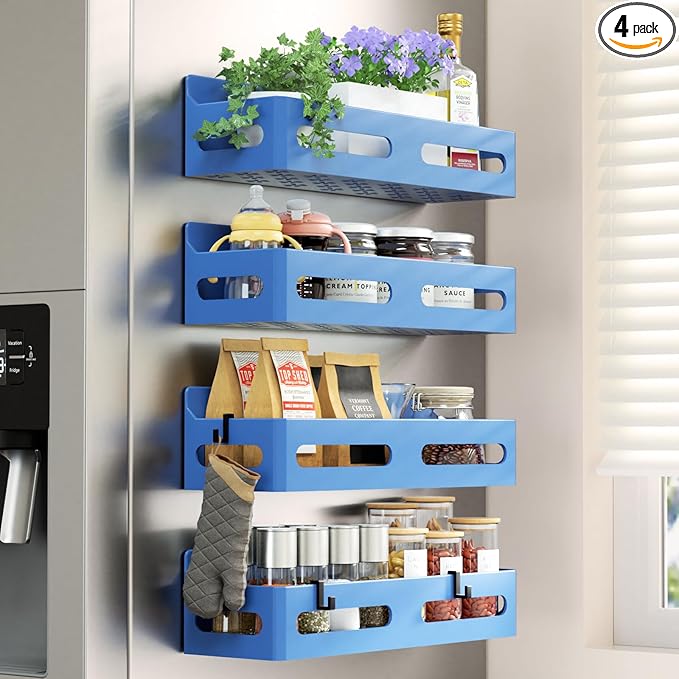 Sevenblue 4 Pack Strong Magnetic Spice Rack for Refrigerator, Multipurpose Magnetic Shelf for Fridge with 4 Hooks for kitchen and Bathroom Organization, Blue by Sevenblue
