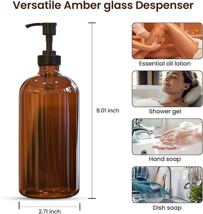 Sunrise Premium 16 OZ Amber Glass Soap Dispenser with Pump, Hand and Dish Soap Dispenser Set for Bathroom with 12 Waterproof Labels, Pack 4 - Image 3