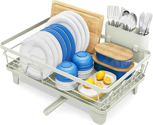 Urackify Dish Drying Rack for Kitchen Counter, Sink Dish Rack with Drainboard, Large Dish Drainer with Cups Holder, Home Countertop Plate Dryer Storage Rack with Cutlery Holder, Soft Celery Green by Urackify