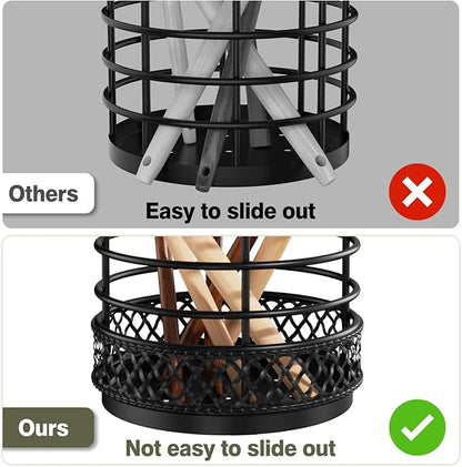 Metal Kitchen Utensil Holder for Kitchen Counter-5.43 x 5.98 inch, Black Utensil Crock for Spatula, Spoon, Fork & Knife, Rustproof Organizer