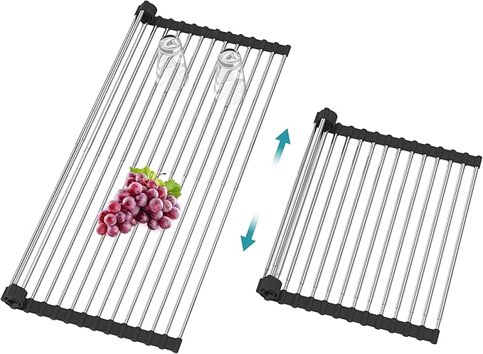 Extra Large Expandable Roll Up Dish Drying Rack,Over The Sink Drying Rack Sink Cover Kitchen Sink Accessories Kitchen Rolling up Stainless Steel Drainer, Foldable,Rollable（Black，25.1''-12.4''） by BBXTYLY