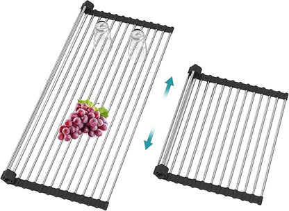 Extra Large Expandable Roll Up Dish Drying Rack,Over The Sink Drying Rack Sink Cover Kitchen Sink Accessories Kitchen Rolling up Stainless Steel Drainer, Foldable,Rollable（Black，25.1''-12.4''） by BBXTYLY
