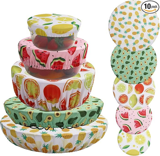 10Pcs Reusable Bowl Covers In 5 Size, Stretch Cloth Fabric Dish Cover Kitchen Storage Containers Lids for Fruits Food Leftover Dough Bread Proofing
