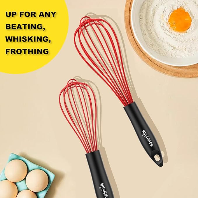 NileHome Silicone Whisk Set 8" 10" 12", 3 Pack Kitchen Whisk Kitchen Wisk Wire Whisks for Cooking, Whisking, Blending, Beating, Stirring-Red - Image 7