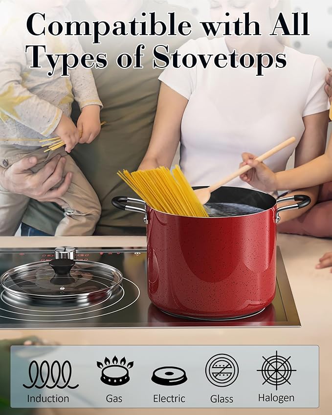 Cook N Home Nonstick Stockpot with Lid 6-Quarts, Professional Cooking Soup Pot, Casserole Cookware, Marble Red - Image 3