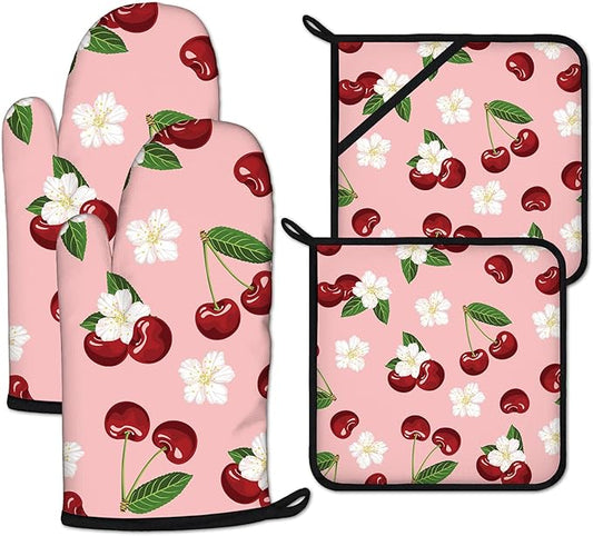 Cherry Oven Mitts and Pot Holders Sets Heat Resistant 4Pcs White Flower Potholders Oven Gloves Hot Pads for Kitchen Baking Cooking Grilling BBQ