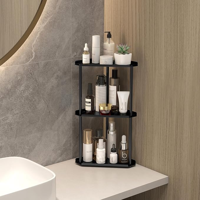 Jesginboo 3 Tier Bathroom Counter Organizer, Vanity Organizer Corner Shelf, Skincare, Makeup Countertop Organizers, Kitchen, Bathroom Counter Storage, Black - Image 2