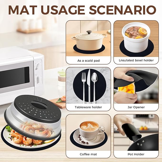 12 Inchs Microwave Splatter Cover & Silicone Mat, Large Vented Collapsible Guard dish Plate lid & Round Kitchen mat for food