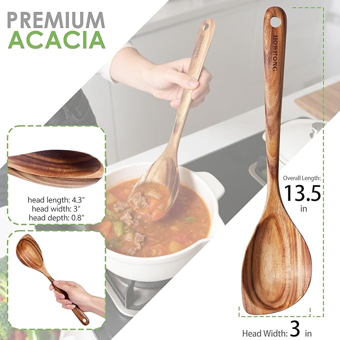 HOWHONG Corner Spoon Wooden Cooking Utensil, Long Handle Acacia Wood Spoon for Cooking, Large Head for Pan Edges, Smooth Finish, Nonstick Cookware Safe, Bare Wood Feel for Daily Kitchen Use