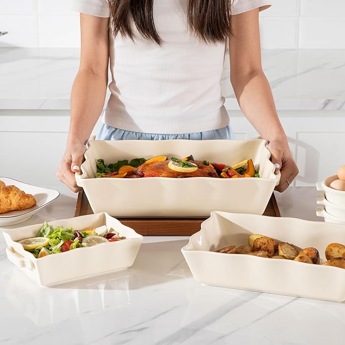 Sweejar Casserole Dishes for Oven, Ceramic Bakeware Set of 3, Rectangular Baking dish with Handles, Wave Edge Lasagna Pan Deep for Cooking, Cake, Dinner, Banquet and Daily Use (Beige) - Image 6