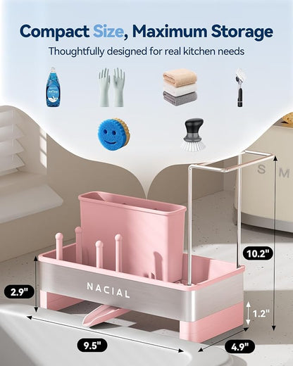 Nacial Sponge Holder for Kitchen Sink, Sink Caddy Organizer with High Brush Holder & Two Towel Racks - Rustproof 304 Stainless Steel Kitchen Countertop Storage Essentials - Pink - Image 2