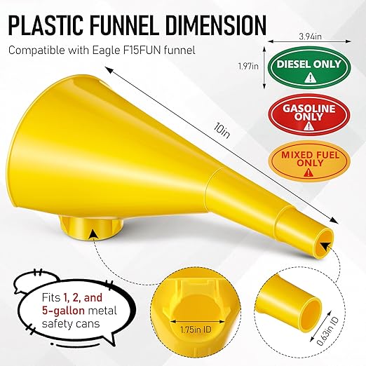 Plastic Funnel for Type I Metal Safety Cans, Compatible with Eagle F15FUN, Fits 1/2/5 Gallon Cans, 10" HDPE Funnel, Includes Diesel Only, Gasoline Only, Mixed Fuel Stickers (3 Pack,Yellow)