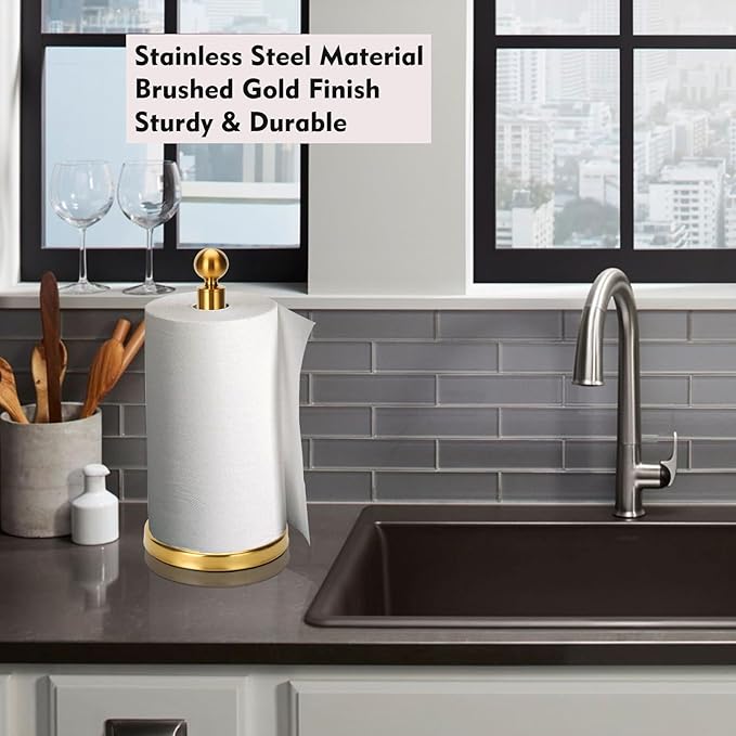 Gold Paper Towel Holder Countertop, Standing Paper Towel Roll Holder for Kitchen Bathroom, with Weighted Base for One-Handed Operation (Stainless Steel Base, Gold) - Image 7