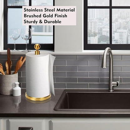 Gold Paper Towel Holder Countertop, Standing Paper Towel Roll Holder for Kitchen Bathroom, with Weighted Base for One-Handed Operation (Stainless Steel Base, Gold) - Image 7