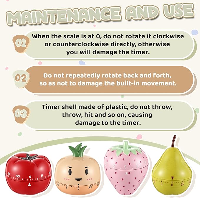 Amylove 4 Pieces Cute Kitchen Timer, Animal Mechanical Manual, Tomato, Strawberry, Pineapple, Pear, 60 Minutes Loud Alarm Egg Windup Timer, for Adults Christmas Home Cooking Baking Fitness Beauty