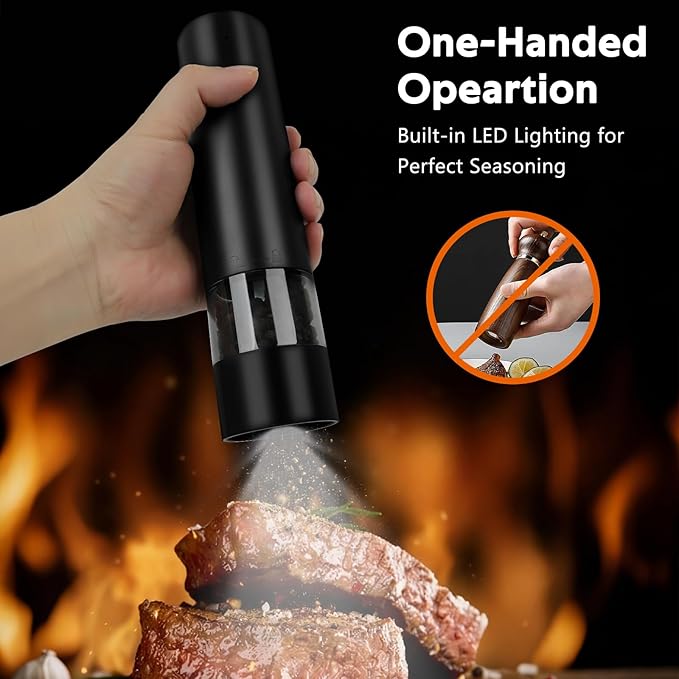 Rechargeable Electric Salt and Pepper Grinder Set, Automatic Pepper Mill with Adjustable Coarseness & One-Hand Operation, Large Capacity Battery-Powered Shakers for Cooking, Kitchen, Gifts (1, Black)
