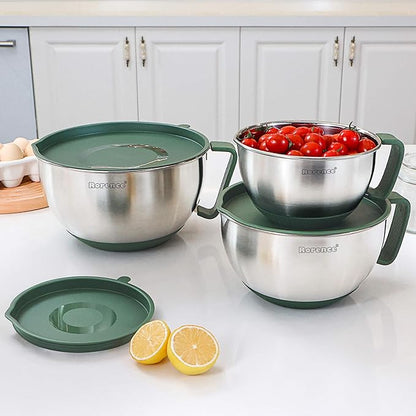 Rorence Mixing Bowls Set: Stainless Steel Non-Slip Bowls with Pour Spout, Handle and Lid - Set of 3 - Green - Image 7