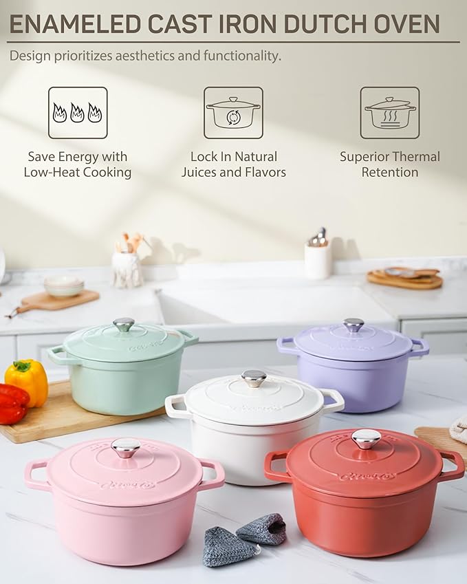 Ciwete Enameled Cast Iron Dutch Oven – 4.4 Quart Pot with Lid & Potholders – Heavy-Duty Cookware for Bread Baking, Braising, Stews & Roasting – Oven & Stovetop Safe up to 500°F – Off White