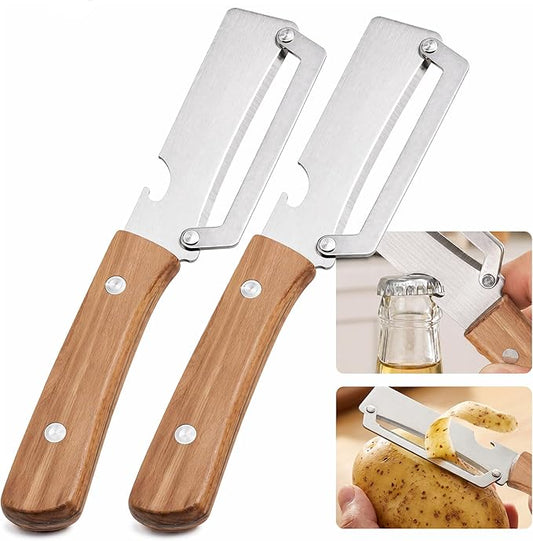 2 Pack Vegetable Peeler, Multi Functional Premium 2-in-1 Potato Peelers, with Wooden Handle & Bottle Opener, Stainless Steel Kitchen Tool for Fruit Potato Pumpkin Papaya, Pare Necessary Kitchen Tools