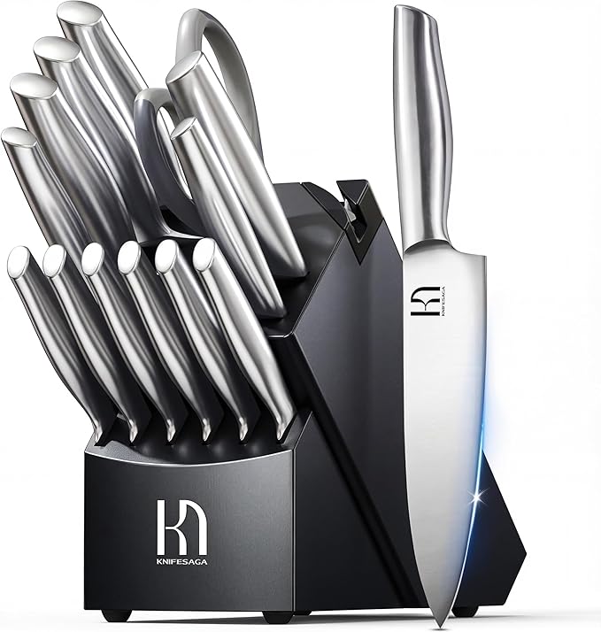 KnifeSaga Knife Set Premium, Kitchen Knife Block Set 14 Pcs Japanese High Carbon Stainless Steel Enduring Razor Sharp, Black Chef Knives Set for Kitchen with Built-in Sharpener and Acacia Wood Block by PushBoundariesforSharpness