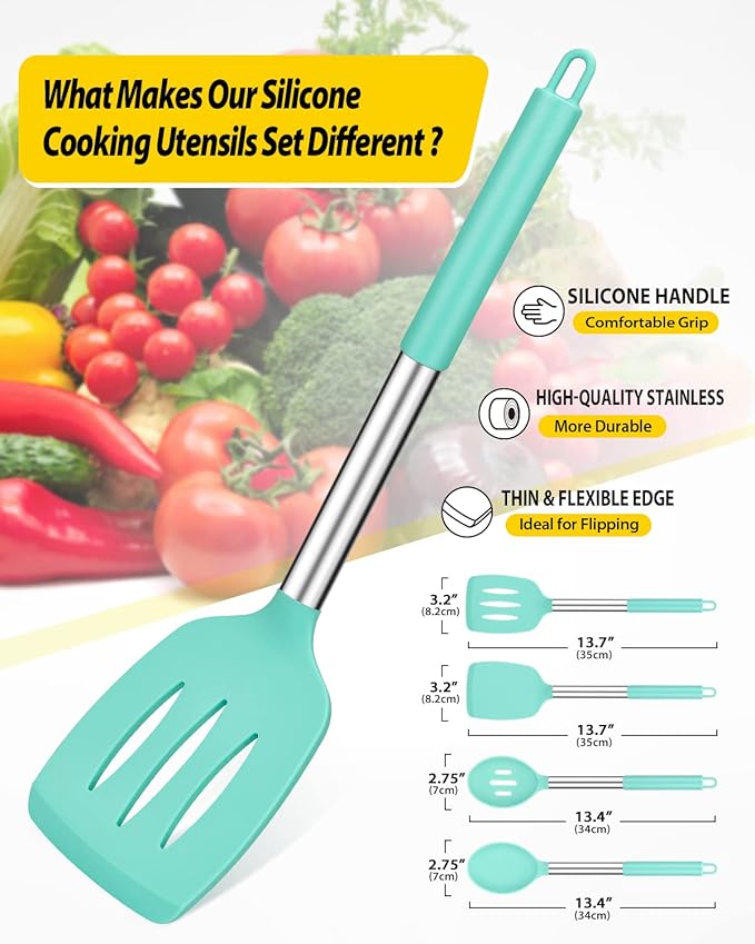 Pack of 4 Silicone Cooking Utensils Set, Non Stick Large Solid Spatulas, Heat Resistant Blue Slotted Spoons, Ideal BPA Free Kitchen Turners for Frying, Mixing,Serving,Draining,Turning,Stirring - Image 2
