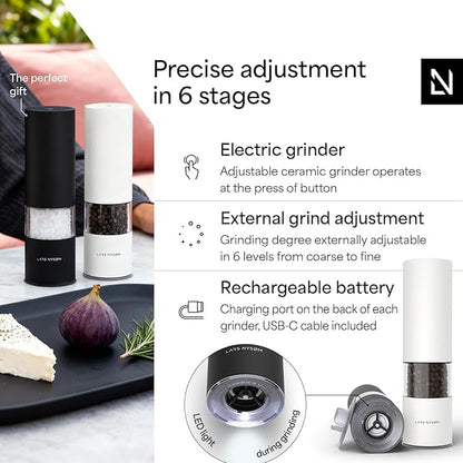 LARS NYSØM Electric Salt and Pepper Grinder Set I Automatic Salt and Pepper Mills with Adjustable Ceramic Grinder I USB Rechargeable Electric Spice Mill Set with LED Light (Black/White) - Image 2