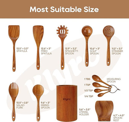 KLYRO Wooden Spoons for Cooking, Nonstick Kitchen Utensils Set with 4 Piece Measuring Spoons, Comfort Grip Wooden Spatula Set, 9 Piece Teak Wooden Cooking Utensils with Holder and Spoon Rest - Image 7