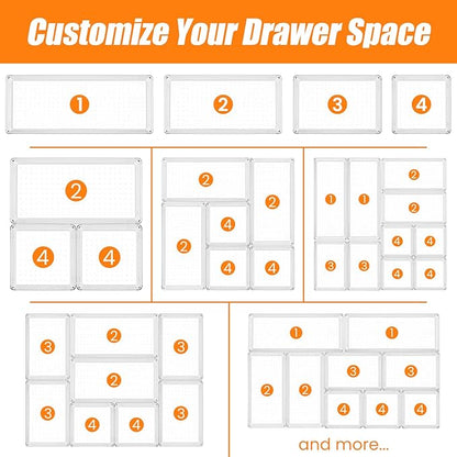 12 Pack Clear Plastic Drawer Organizer Set, Acrylic Non Slip Non Cracking Kitchen Drawer Storage Tray Large Size Divider, Multifunctional Storage for Cosmetics, Bathroom, Tools, Kitchen and Office - Image 9