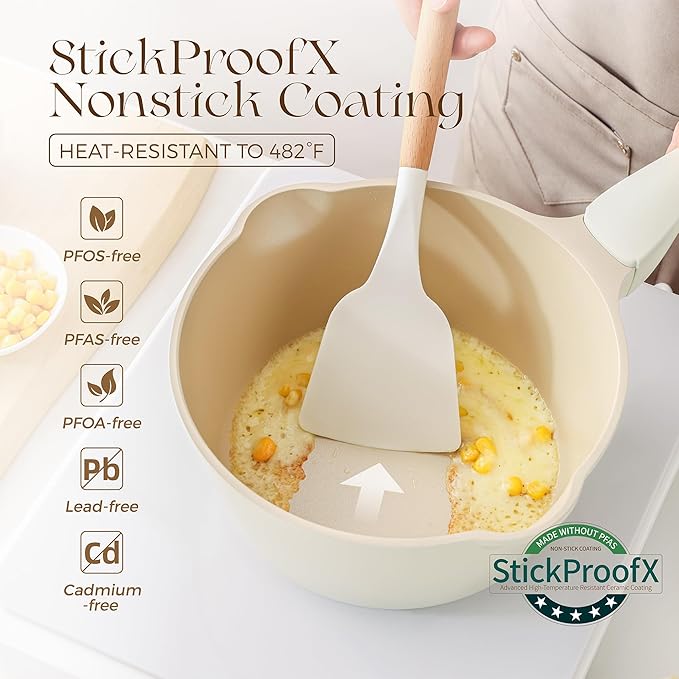 PRICUSIS Ceramic Nonstick Saucepan with Lid, 2.7 Quart Non Toxic Pot with Pour Spouts, Full Coated, 100% Dishwasher Safe, Induction Compatible & Oven Safe, PTFE PFAS & PFOA Free, Coconut White - Image 2