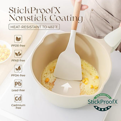 PRICUSIS Ceramic Nonstick Saucepan with Lid, 2 Quart Non Toxic Pot with Pour Spouts, Full Coated, 100% Dishwasher Safe, Induction Compatible & Oven Safe, PTFE PFAS & PFOA Free, Coconut White - Image 2