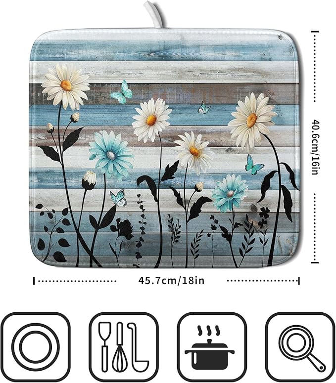 Blue White Daisy Floral Dish Drying Mat for Kitchen Counter,Sprinng Rustic Wood Drying Mat 16 x18 Inch with Absorbent Reversible Microfiber Drying Pad for Coffee Bar - Image 2
