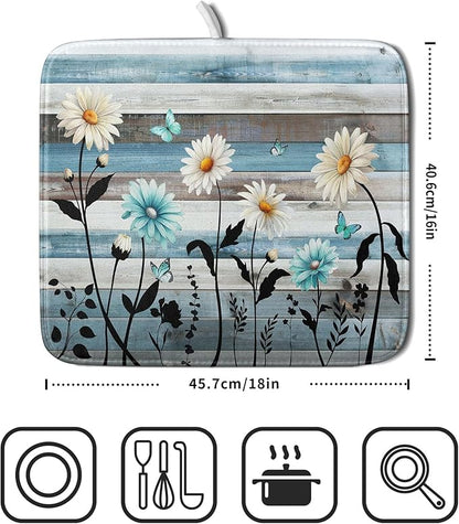 Blue White Daisy Floral Dish Drying Mat for Kitchen Counter,Sprinng Rustic Wood Drying Mat 16 x18 Inch with Absorbent Reversible Microfiber Drying Pad for Coffee Bar - Image 2