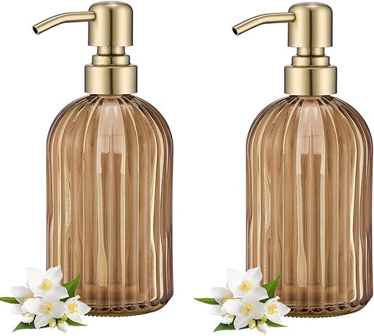 16 OZ Amber Glass Soap Dispenser, Amber Stripe Bathroom Hand Soap Dispensers with Stainless Steel Brushed Gold Pump,Brown Glass Kitchen Hand Soap Dispenser with Brushed Gold Pump,2 Packs
