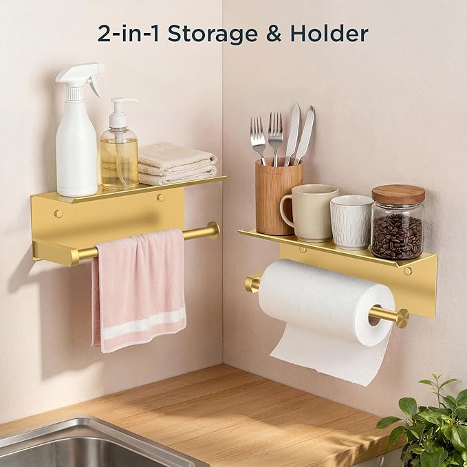 FORIOUS Paper Towel Holder with Shelf, SUS304 Stainless Steel Paper Towel Holder with Storage Shelf, Wall Mount Screw Paper Roll Organizer Commercial Paper Hand Towel Dispensers, Brushed Gold - Image 2