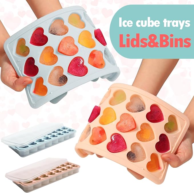 2 Pack Heart Shpaed Ice Cube Trays with Lids and Bins Ice Molds with Ice Storage Box, 48 Holes Silicone Heart Ice Cube Tray for Whiskey Cocktail Fun Shapes Cubes, with Lids & Bins - Image 3