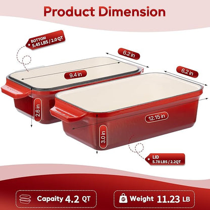 Enameled Cast Iron Dutch Oven for Sourdough Bread Baking, 9×5 Dutch Oven Pot with Lid, 2 in 1 Bread Pans with Lid for Baking, Roasting & Braising, Easy Release, Oven & Induction Safe (4.2 QT,Red)