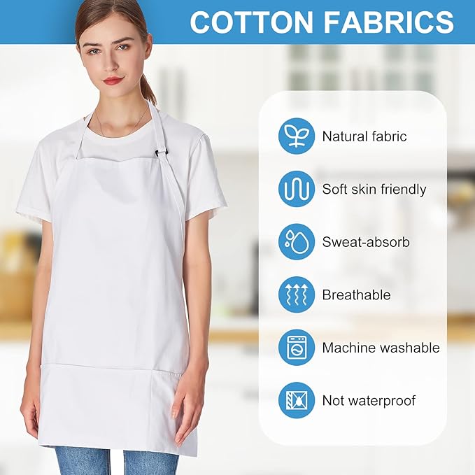Jubatus 2 Pack 3 Pockets 100% Cotton Adjustable Bib Apron Chef Kitchen Cooking Aprons for Women Men, White - Image 4