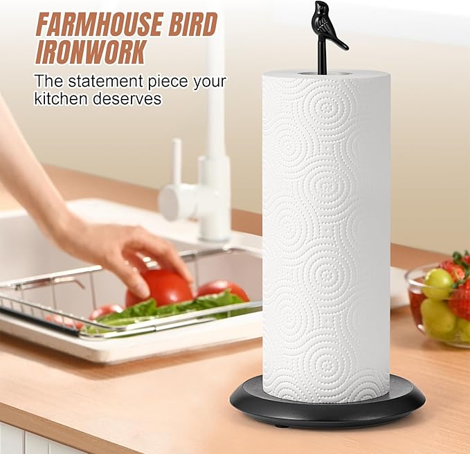 Wooden Paper Towel Holder countertop,Stylish Bird Shaped,Solid Wood Base&Iron Top,with Non-Slip Mat,Stable&Durable,Paper Towel Holder Black-Farmhouse Style to Elevate Your Kitchen's Décor(All Black) - Image 2