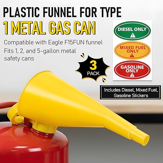 Plastic Funnel for Type I Metal Safety Cans, Compatible with Eagle F15FUN, Fits 1/2/5 Gallon Cans, 10" HDPE Funnel, Includes Diesel Only, Gasoline Only, Mixed Fuel Stickers (3 Pack,Yellow)