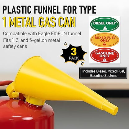 Plastic Funnel for Type I Metal Safety Cans, Compatible with Eagle F15FUN, Fits 1/2/5 Gallon Cans, 10" HDPE Funnel, Includes Diesel Only, Gasoline Only, Mixed Fuel Stickers (3 Pack,Yellow)