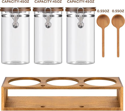 Yangbaga Glass Sugar Coffee Canister with Shelf, 3 x 45OZ Coffee Bean Containers Storage Station Organizer with Airtight Locking Clamp and Log Coffee Scoop, Food Storage Canisters Sets for Kitchen - Image 2